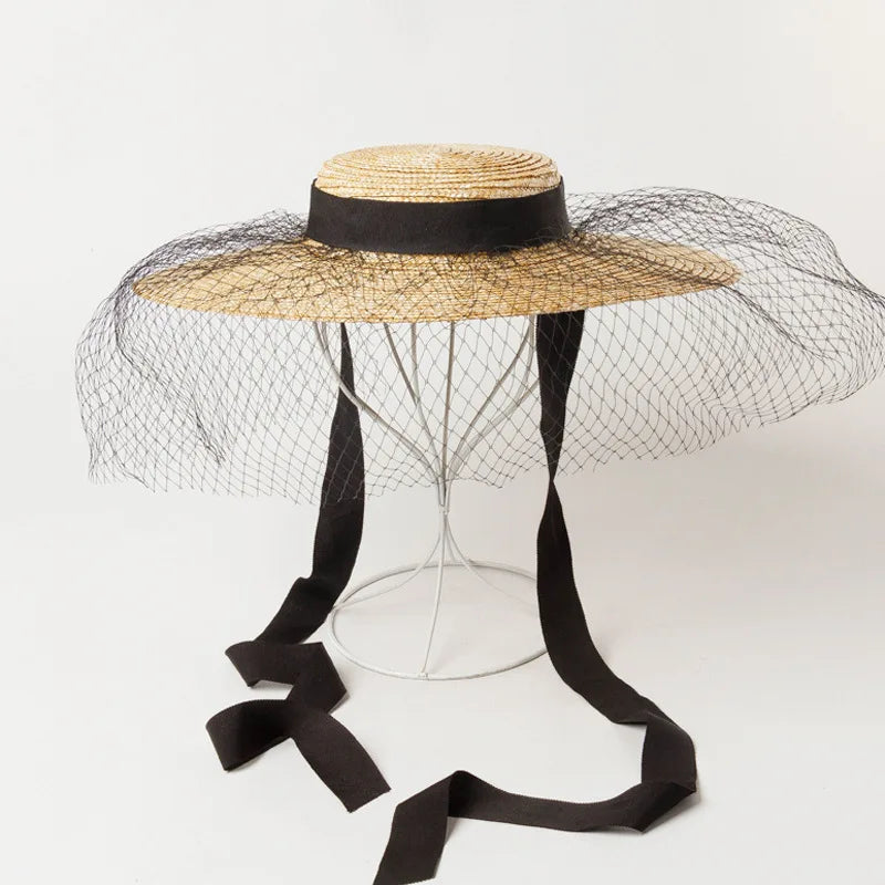 Chapéu de Palha Estilo Francês Hepburn – Aba Larga Flat Top Feminino Verão