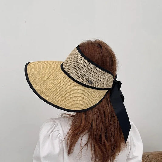 Chapéu de Sol de Palha Topo Vazio – Dobrável com Laço Proteção UV Feminino