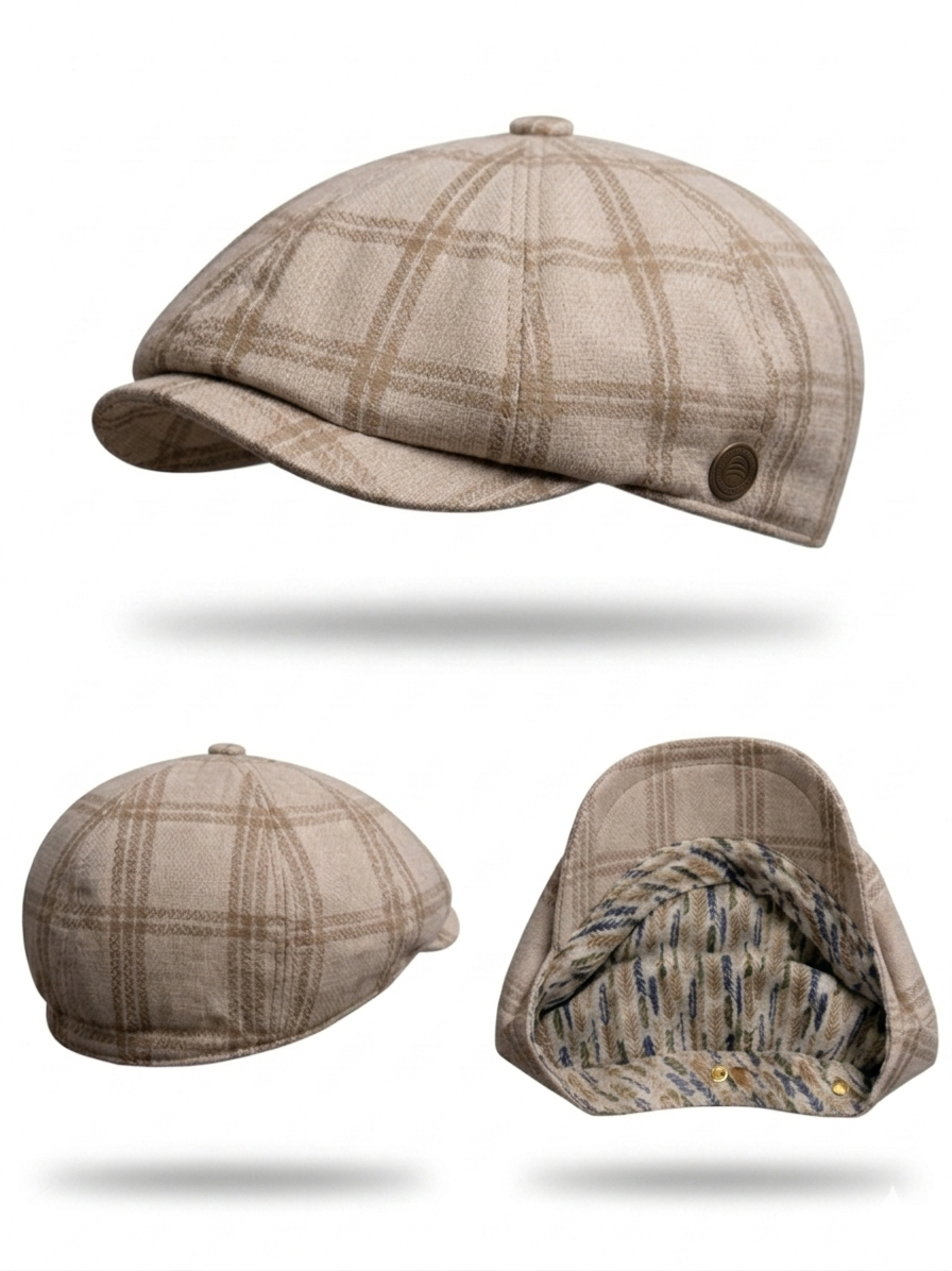 Boné Newsboy em Linho Xadrez Windowpane Bege – Tamanho Elástico
