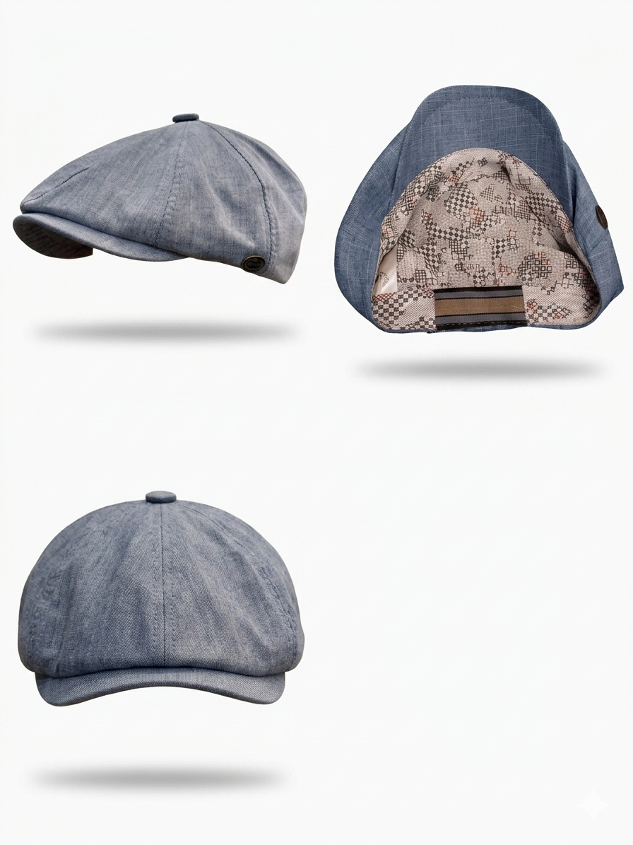 Boné Newsboy em Linho Azul Denim – Tamanho Elástico