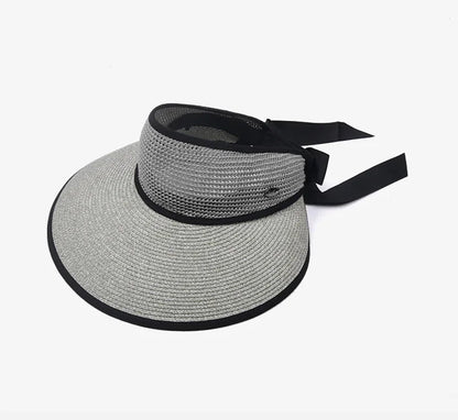 Chapéu de Sol de Palha Topo Vazio – Dobrável com Laço Proteção UV Feminino