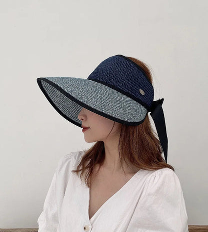 Chapéu de Sol de Palha Topo Vazio – Dobrável com Laço Proteção UV Feminino