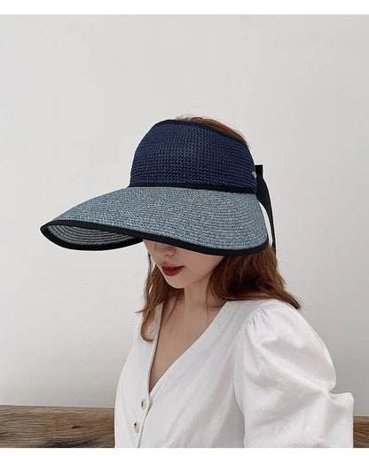 Chapéu de Sol de Palha Topo Vazio – Dobrável com Laço Proteção UV Feminino