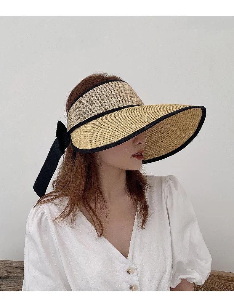 Chapéu de Sol de Palha Topo Vazio – Dobrável com Laço Proteção UV Feminino