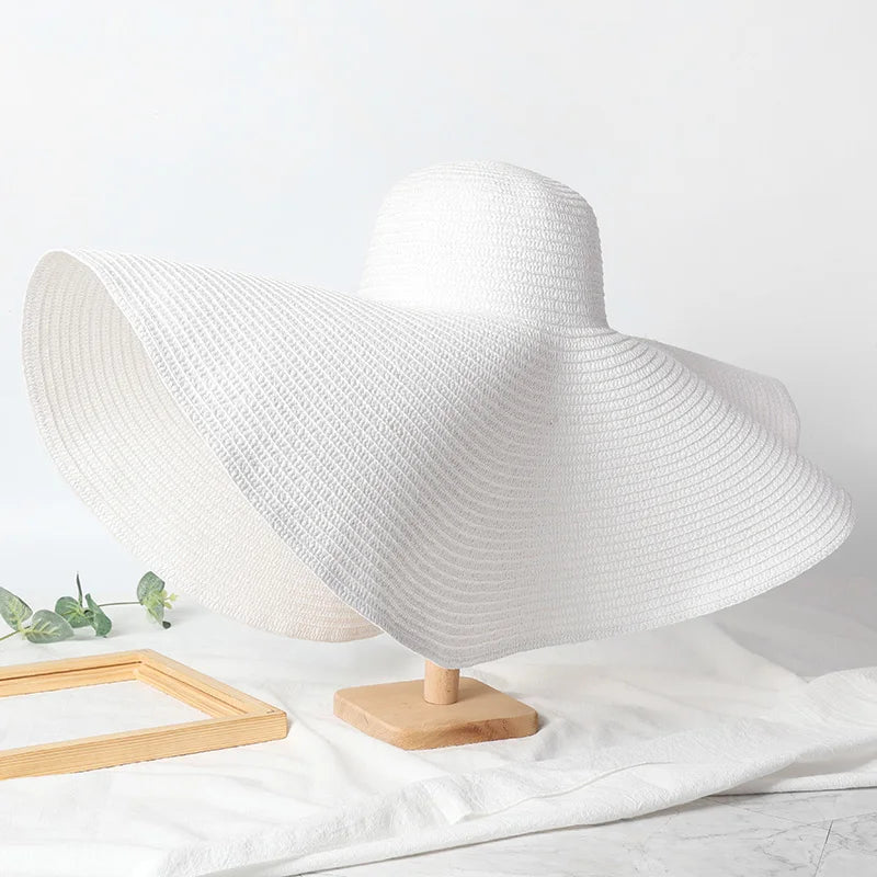 Chapéu de Sol de Palha Oversized Aba Larga 70cm – Dobrável Proteção UV Feminino