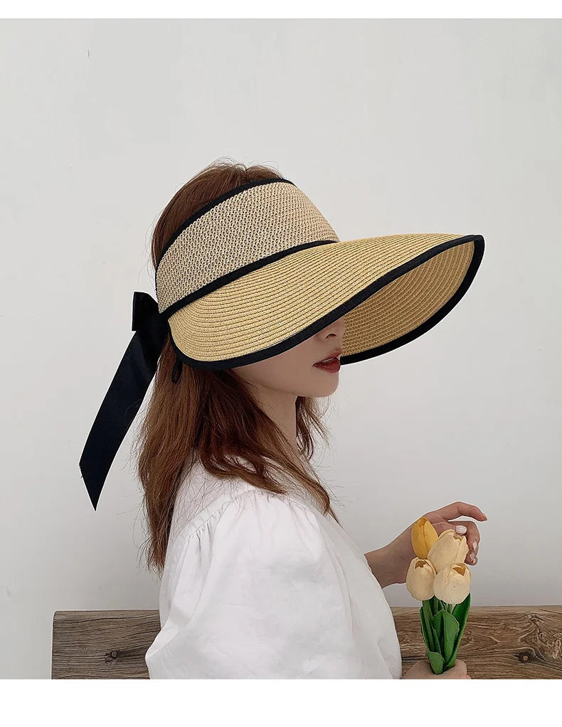 Chapéu de Sol de Palha Topo Vazio – Dobrável com Laço Proteção UV Feminino