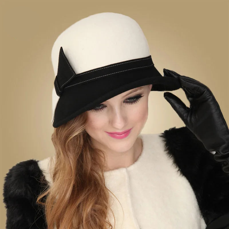 Wide brim wool felt bowler fedora hat with bow – women's tea party church hat