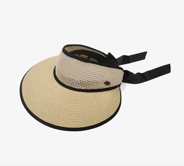 Chapéu de Sol de Palha Topo Vazio – Dobrável com Laço Proteção UV Feminino