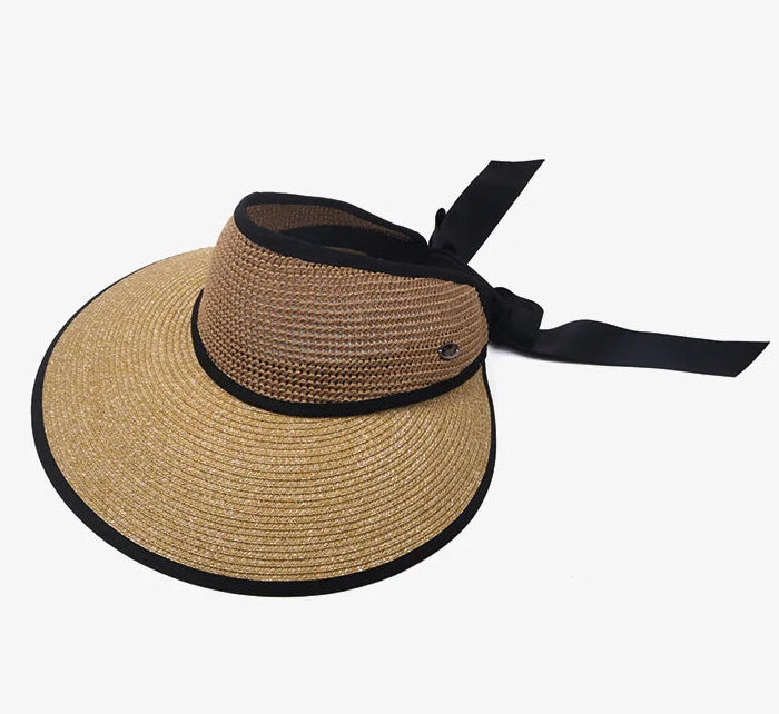 Chapéu de Sol de Palha Topo Vazio – Dobrável com Laço Proteção UV Feminino