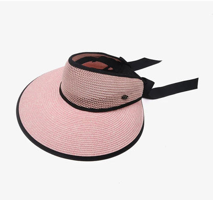 Chapéu de Sol de Palha Topo Vazio – Dobrável com Laço Proteção UV Feminino