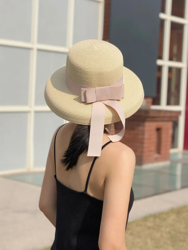 Chapéu de Sol de Palha com Laço – Flat Panama Feminino Praia Verão