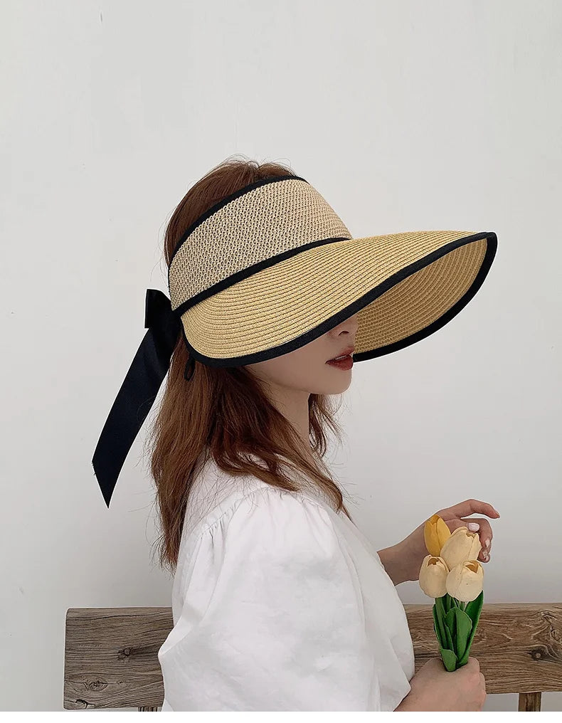 Chapéu de Sol de Palha Topo Vazio – Dobrável com Laço Proteção UV Feminino