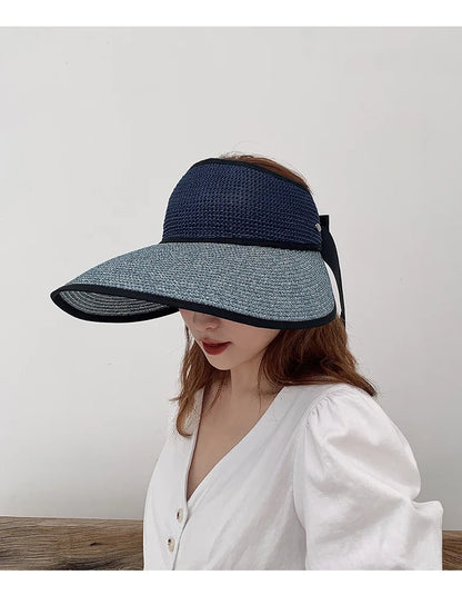 Chapéu de Sol de Palha Topo Vazio – Dobrável com Laço Proteção UV Feminino