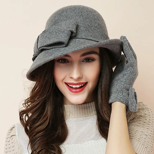 1920s Gatsby style wool cloche hat with flower – warm winter women's church hat