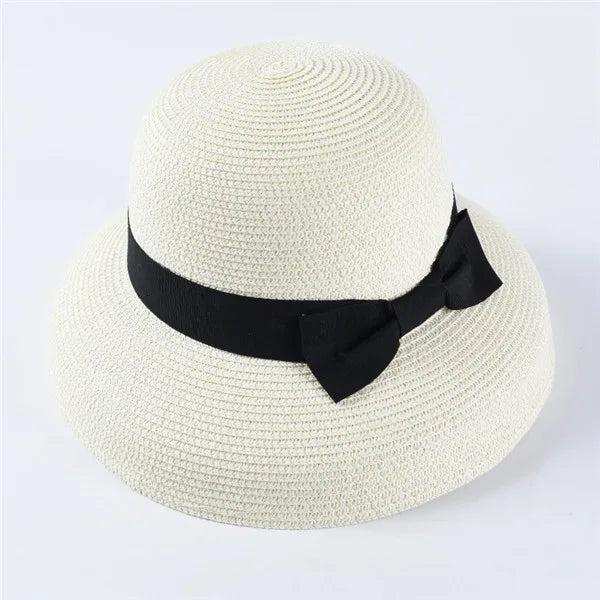Chapéu de Sol de Palha com Laço – Aba Larga Casual Feminino Verão