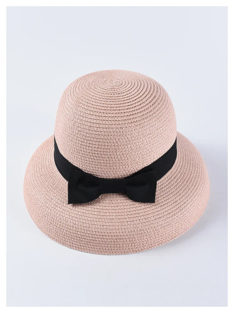 Chapéu de Sol de Palha com Laço – Aba Larga Casual Feminino Verão