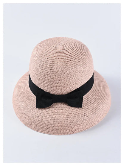 Chapéu de Sol de Palha com Laço – Aba Larga Casual Feminino Verão