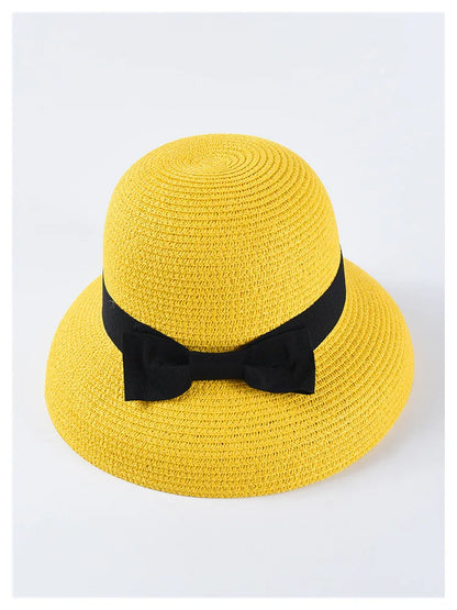 Chapéu de Sol de Palha com Laço – Aba Larga Casual Feminino Verão
