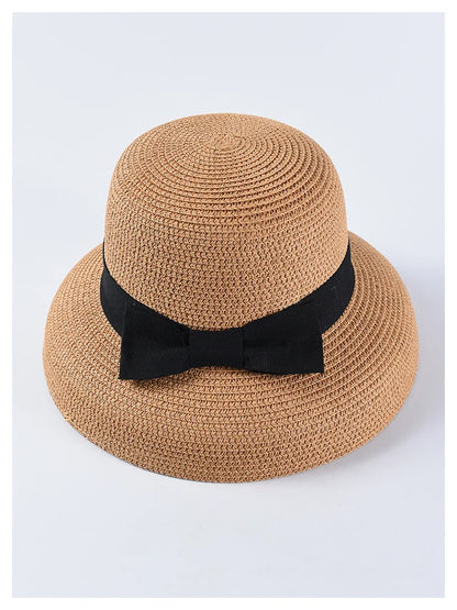 Chapéu de Sol de Palha com Laço – Aba Larga Casual Feminino Verão