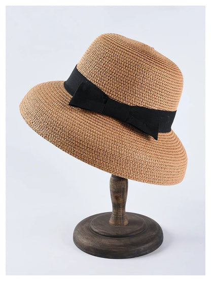 Chapéu de Sol de Palha com Laço – Aba Larga Casual Feminino Verão