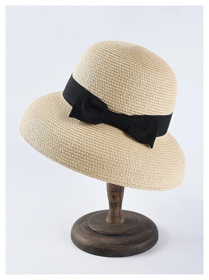 Chapéu de Sol de Palha com Laço – Aba Larga Casual Feminino Verão