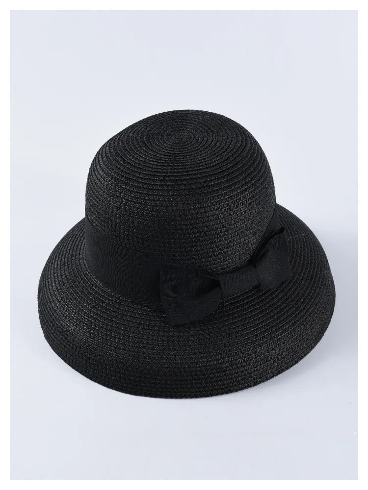 Chapéu de Sol de Palha com Laço – Aba Larga Casual Feminino Verão
