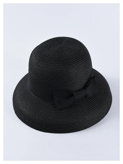 Chapéu de Sol de Palha com Laço – Aba Larga Casual Feminino Verão