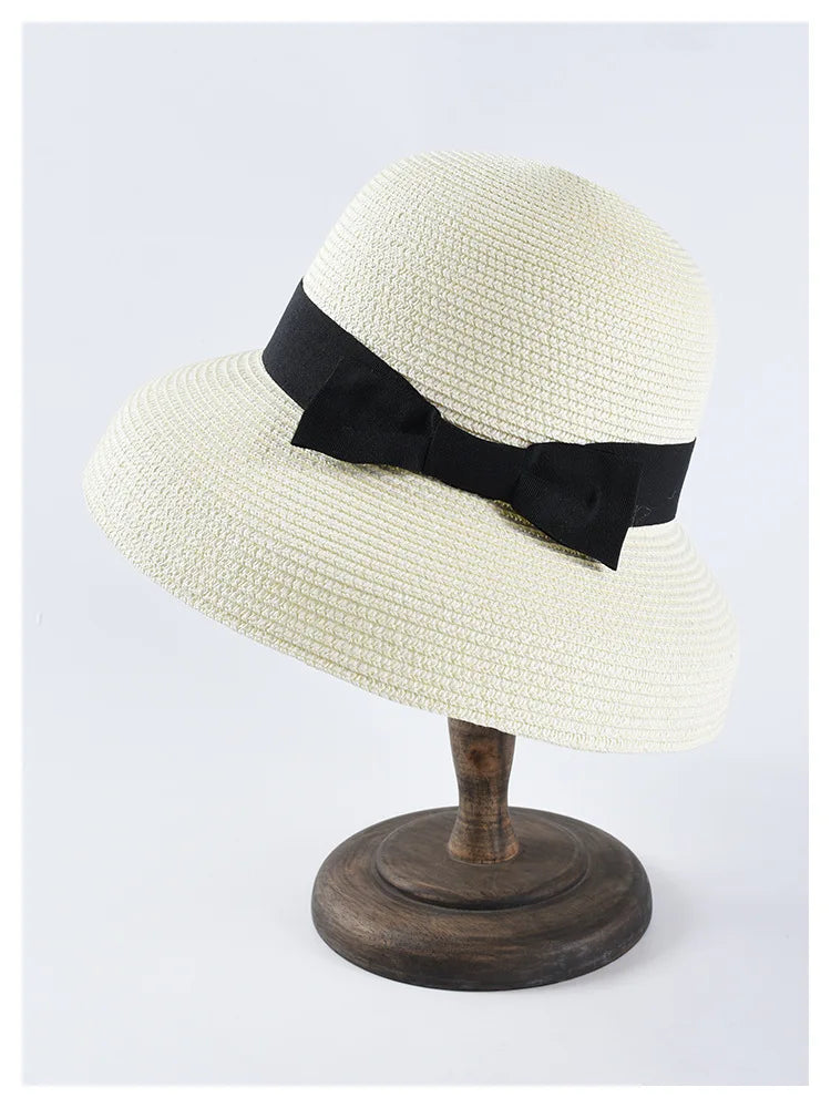 Chapéu de Sol de Palha com Laço – Aba Larga Casual Feminino Verão