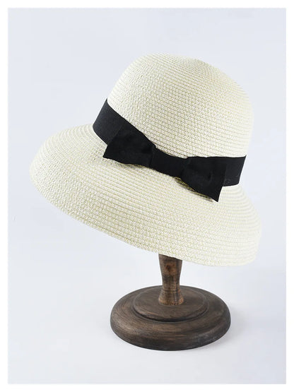 Chapéu de Sol de Palha com Laço – Aba Larga Casual Feminino Verão