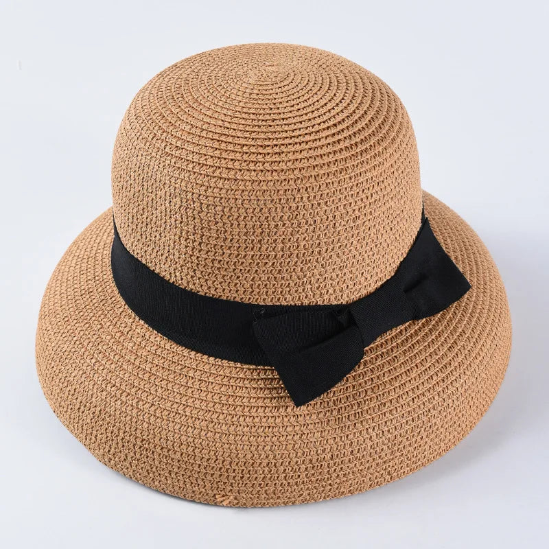 Chapéu de Sol de Palha com Laço – Aba Larga Casual Feminino Verão