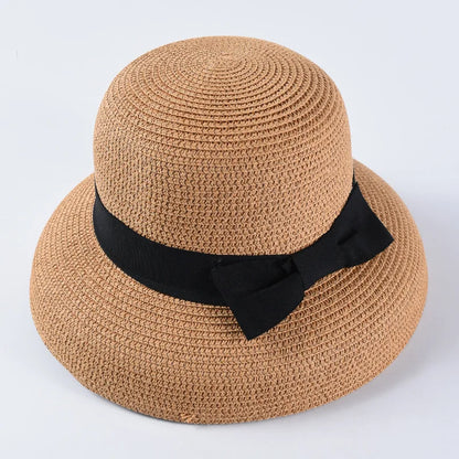 Chapéu de Sol de Palha com Laço – Aba Larga Casual Feminino Verão