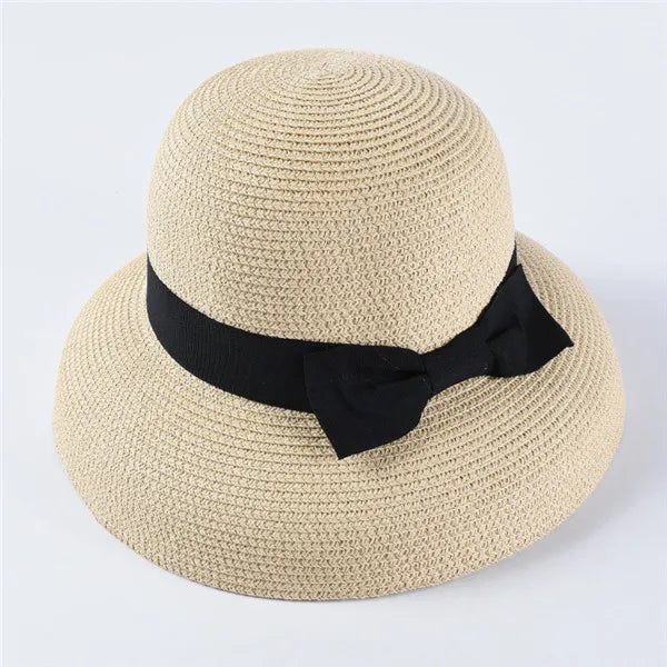 Chapéu de Sol de Palha com Laço – Aba Larga Casual Feminino Verão