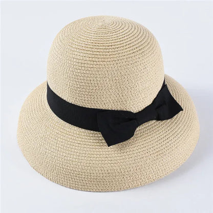Chapéu de Sol de Palha com Laço – Aba Larga Casual Feminino Verão