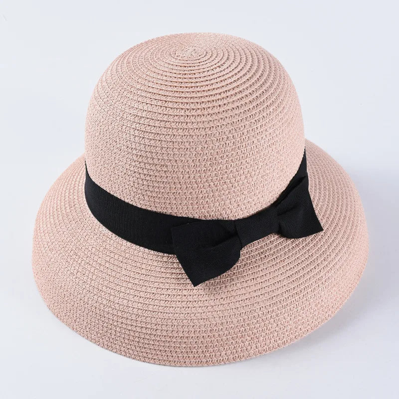 Chapéu de Sol de Palha com Laço – Aba Larga Casual Feminino Verão