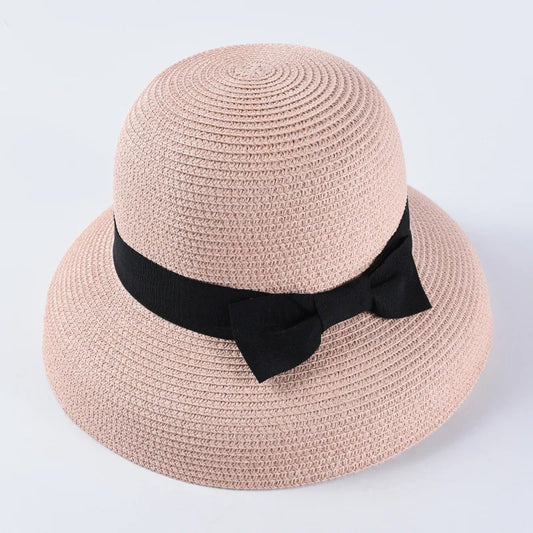 Chapéu de Sol de Palha com Laço – Aba Larga Casual Feminino Verão