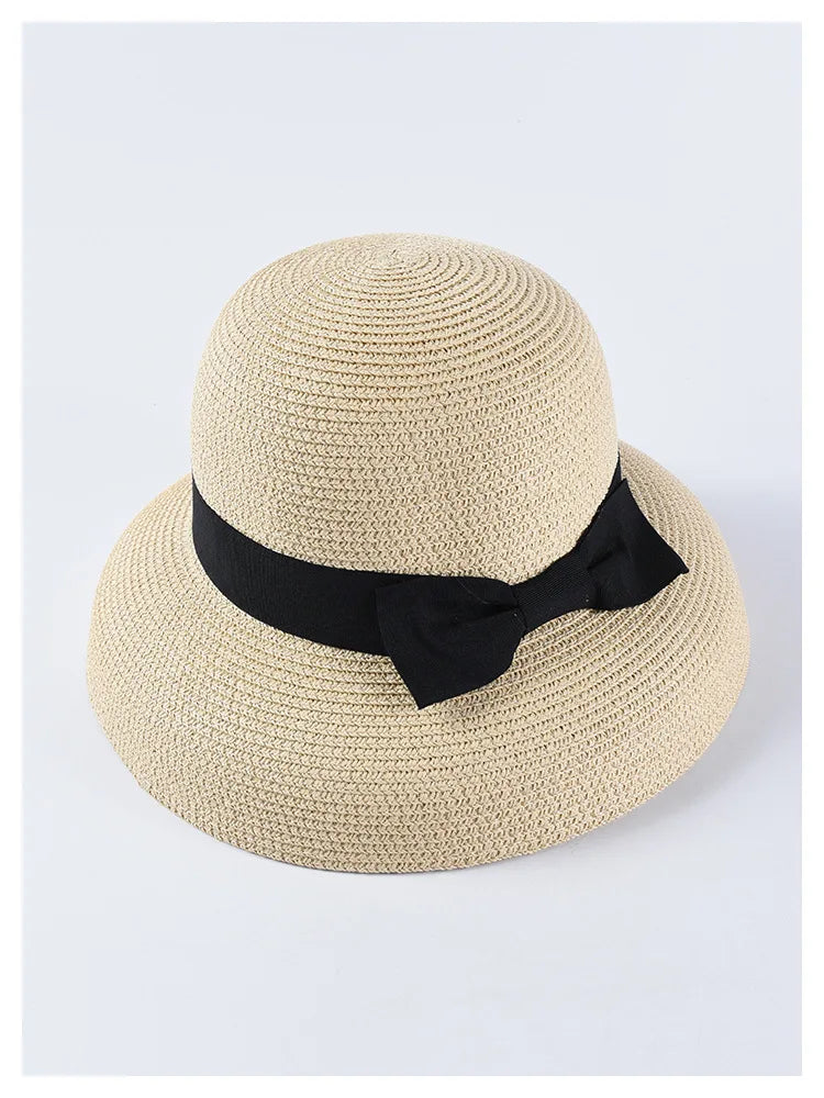 Chapéu de Sol de Palha com Laço – Aba Larga Casual Feminino Verão