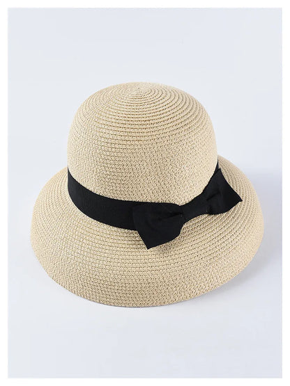 Chapéu de Sol de Palha com Laço – Aba Larga Casual Feminino Verão