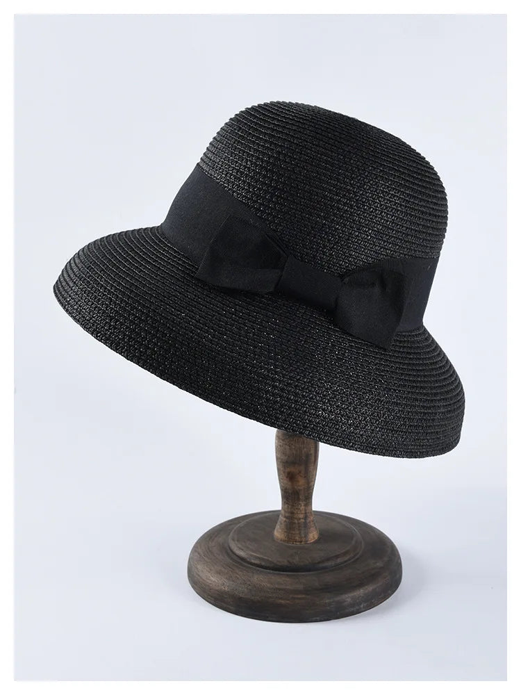 Chapéu de Sol de Palha com Laço – Aba Larga Casual Feminino Verão
