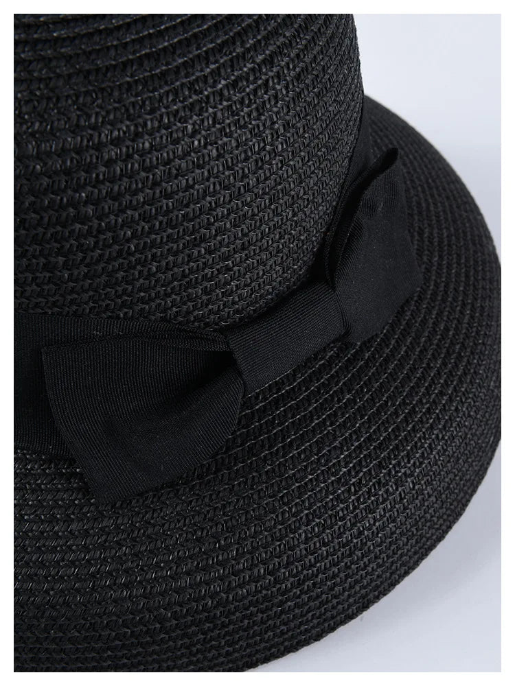 Chapéu de Sol de Palha com Laço – Aba Larga Casual Feminino Verão