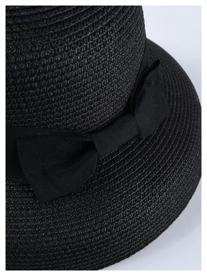 Chapéu de Sol de Palha com Laço – Aba Larga Casual Feminino Verão