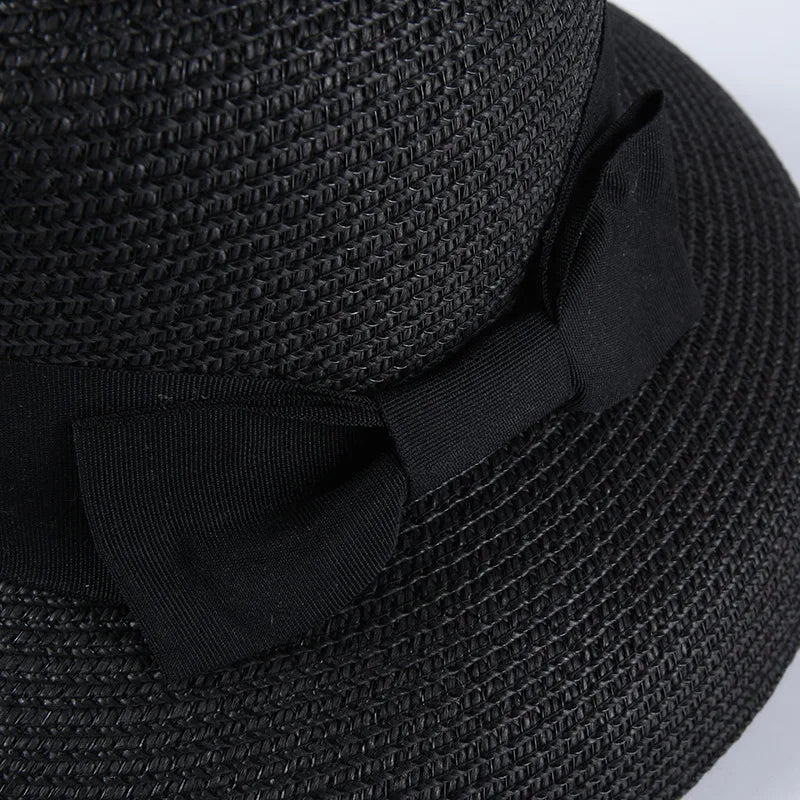 Chapéu de Sol de Palha com Laço – Aba Larga Casual Feminino Verão
