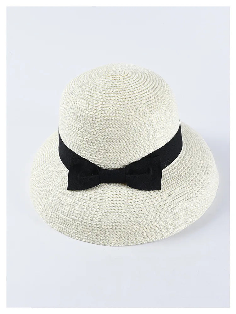 Chapéu de Sol de Palha com Laço – Aba Larga Casual Feminino Verão