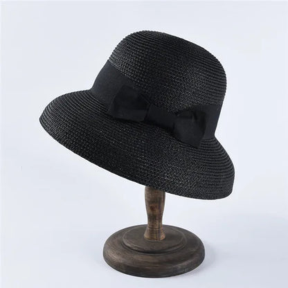 Chapéu de Sol de Palha com Laço – Aba Larga Casual Feminino Verão