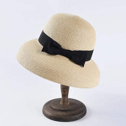 Chapéu de Sol de Palha com Laço – Aba Larga Casual Feminino Verão