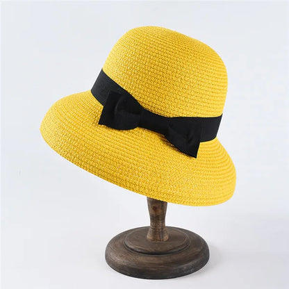 Chapéu de Sol de Palha com Laço – Aba Larga Casual Feminino Verão