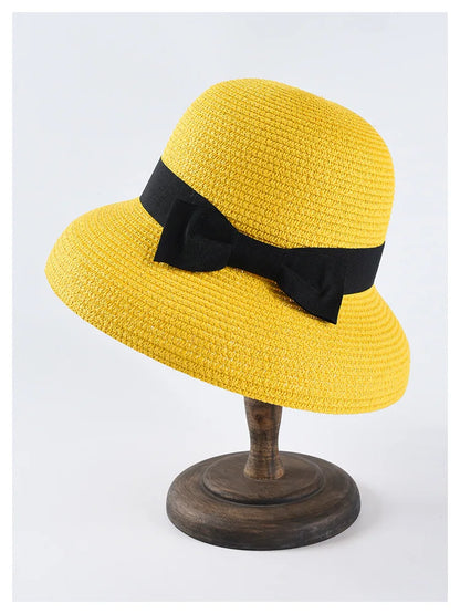 Chapéu de Sol de Palha com Laço – Aba Larga Casual Feminino Verão