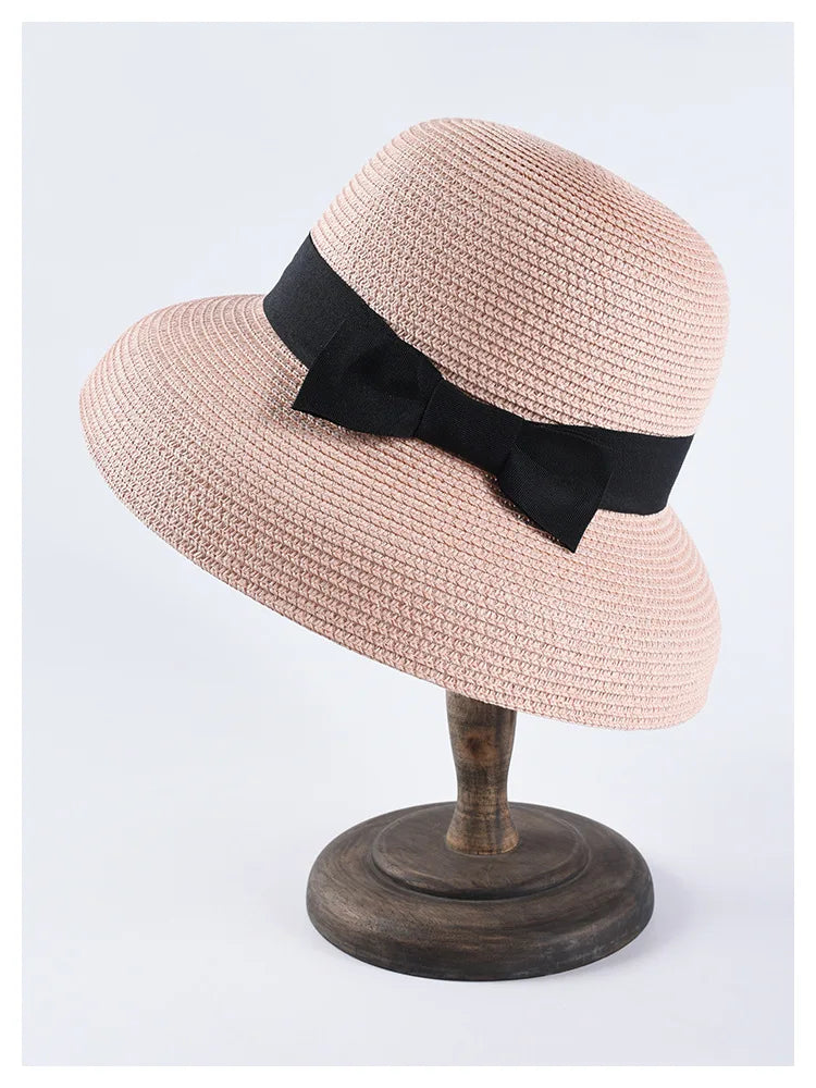 Chapéu de Sol de Palha com Laço – Aba Larga Casual Feminino Verão
