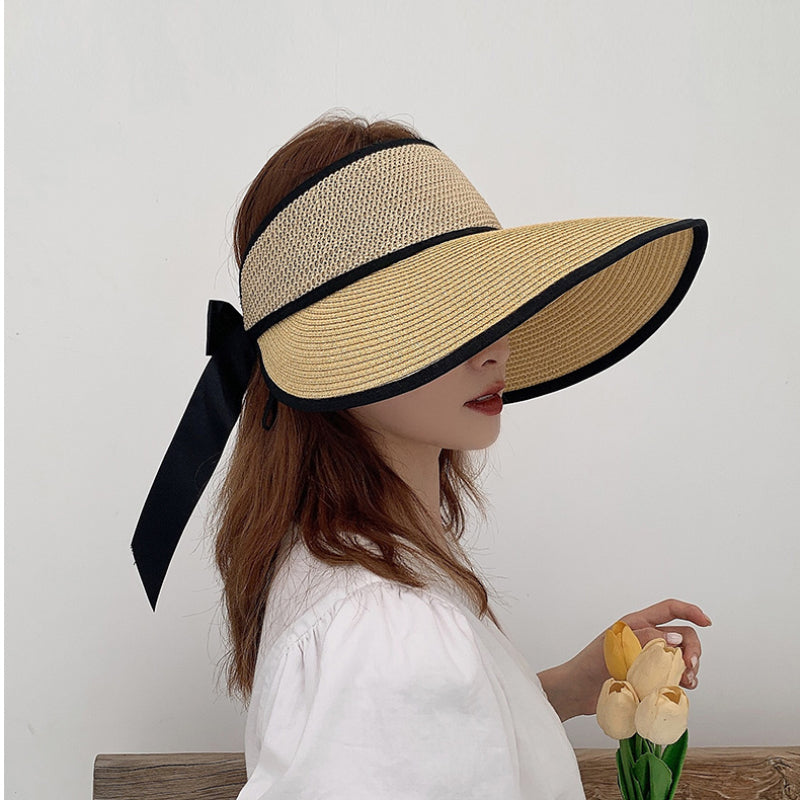 Chapéu de Sol de Palha Topo Vazio – Dobrável com Laço Proteção UV Feminino