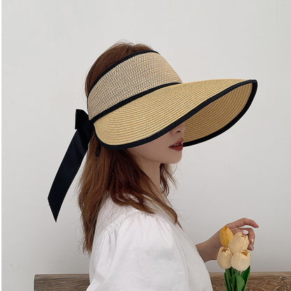 Chapéu de Sol de Palha Topo Vazio – Dobrável com Laço Proteção UV Feminino