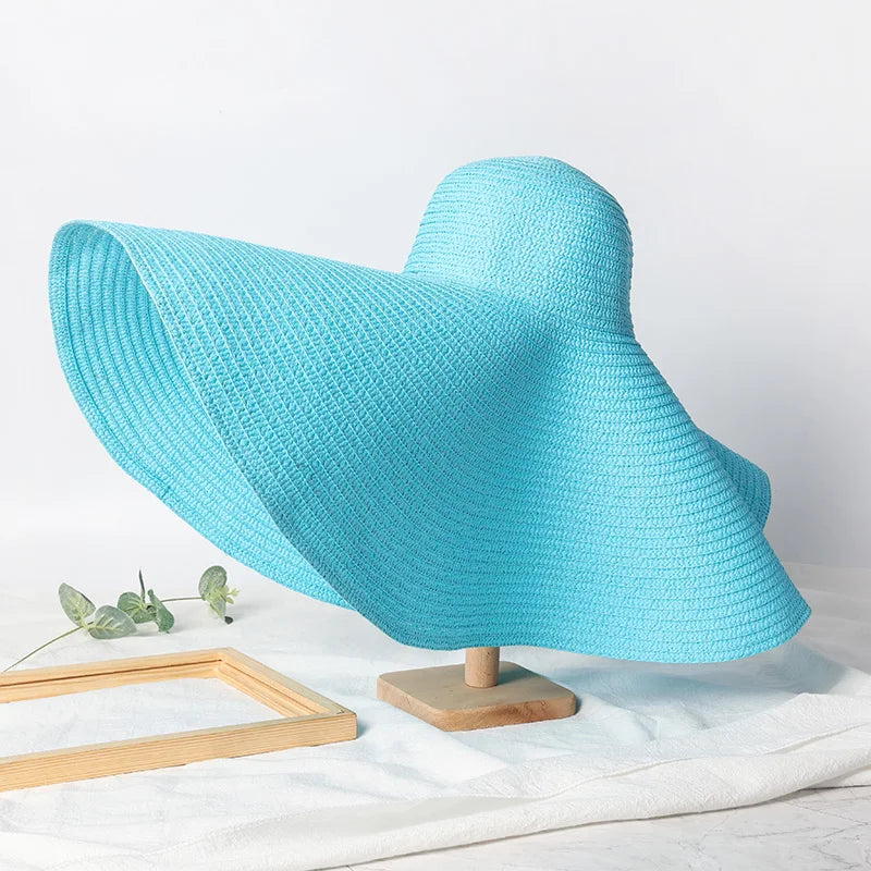 Chapéu de Sol de Palha Oversized Aba Larga 70cm – Dobrável Proteção UV Feminino